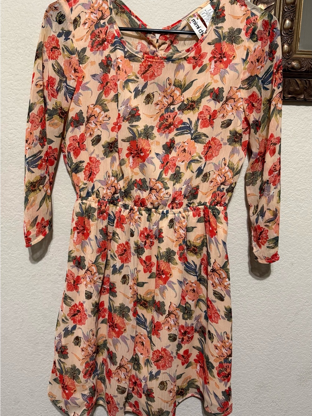 Mimi Chica Peach Floral Long-Sleeve Fit-and-Flare Dress